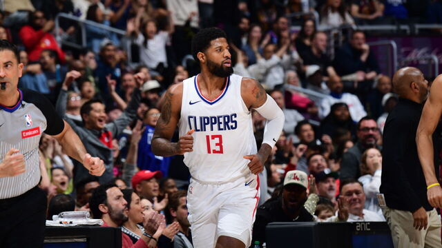 LOS ANGELES, CA - APRIL 7: Paul George #13 of the LA Clippers looks on during the game against the Cleveland Cavaliers on April 7, 2024 at Crypto.Com Arena in Los Angeles, California. NOTE TO USER: User expressly acknowledges and agrees that, by downloading and/or using this Photograph, user is consenting to the terms and conditions of the Getty Images License Agreement. Mandatory Copyright Notice: Copyright 2024 NBAE