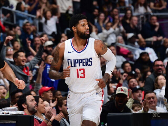 LOS ANGELES, CA - APRIL 7: Paul George #13 of the LA Clippers looks on during the game against the Cleveland Cavaliers on April 7, 2024 at Crypto.Com Arena in Los Angeles, California. NOTE TO USER: User expressly acknowledges and agrees that, by downloading and/or using this Photograph, user is consenting to the terms and conditions of the Getty Images License Agreement. Mandatory Copyright Notice: Copyright 2024 NBAE