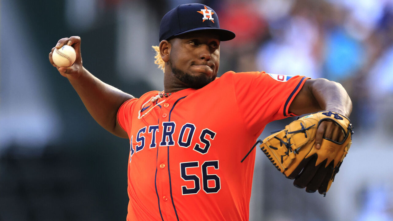 ARLINGTON, TX - APRIL 7: Ronel Blanco #56 of the Houston Astros pitches against the Texas Rangers during the second inning at Globe Life Field on April 7, 2024 in Arlington, Texas.