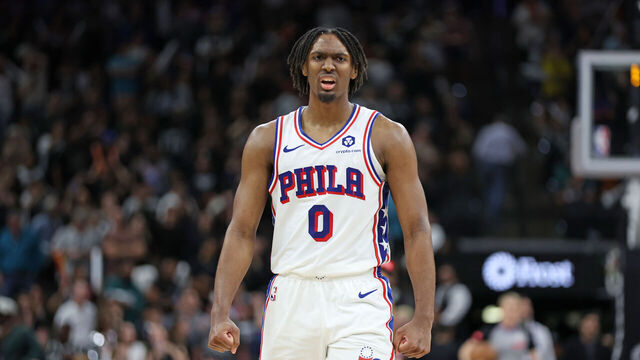 SAN ANTONIO, TX - APRIL 7: Tyrese Maxey #0 of the Philadelphia 76ers celebrates during the game against the San Antonio Spurs on April 7, 2024 at the Frost Bank Center in San Antonio, Texas. Mandatory Copyright Notice: Copyright 2024 NBAE (Photos by Tim Heitman/NBAE via Getty Images)