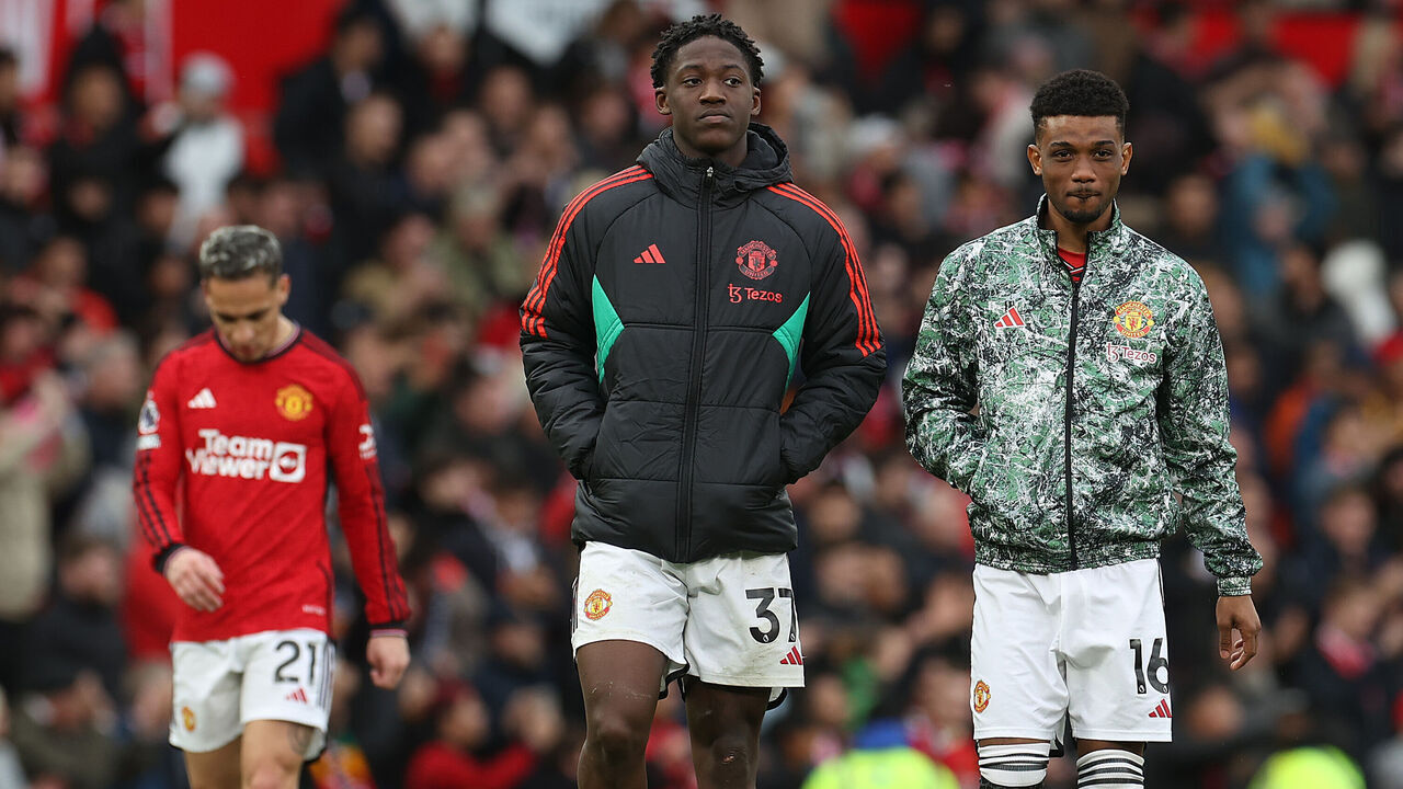 MANCHESTER, ENGLAND - APRIL 07: Kobbie Mainoo of Manchester United walks off after the Premier League match between Manchester United and Liverpool FC at Old Trafford on April 07, 2024 in Manchester, England.
