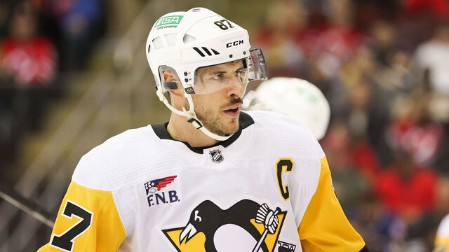 NEWARK, NJ - APRIL 02: Pittsburgh Penguins center Sidney Crosby (87) looks on during a game between the Pittsburgh Penguins and New Jersey Devils on April 2, 2024 at Prudential Center in the Newark, New Jersey.