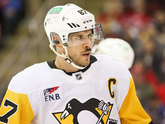 NEWARK, NJ - APRIL 02: Pittsburgh Penguins center Sidney Crosby (87) looks on during a game between the Pittsburgh Penguins and New Jersey Devils on April 2, 2024 at Prudential Center in the Newark, New Jersey.