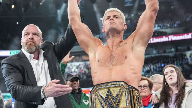 PHILADELPHIA, PENNSYLVANIA - APRIL 7: Cody Rhodes (R) and Triple H celebrate during Night Two of WrestleMania 40 at Lincoln Financial Field on April 7, 2024 in Philadelphia, Pennsylvania.