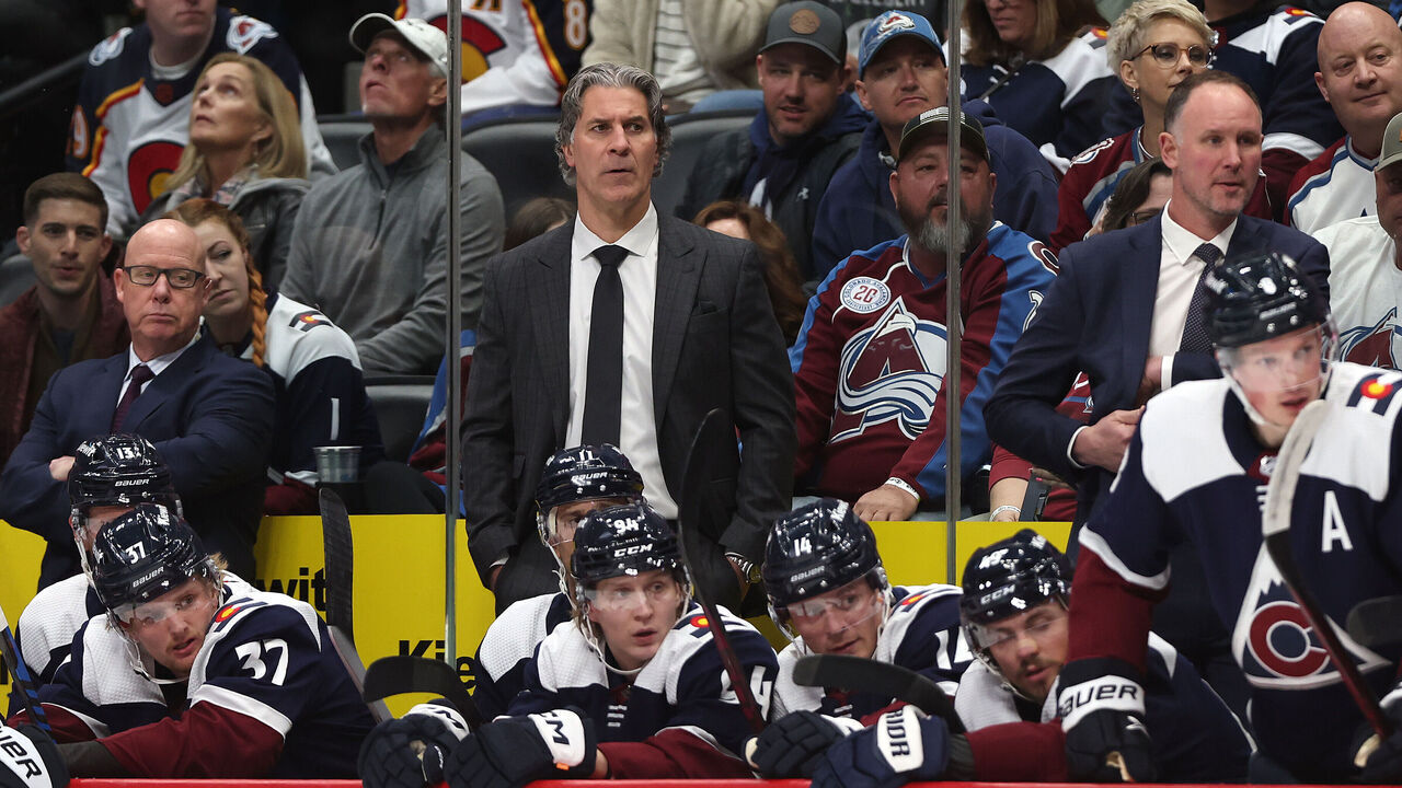 DENVER, COLORADO - APRIL 07: Head coach Jared Bednar of the Colorado Avalanche watches as the team play the Dallas Stars during the first period at Ball Arena on April 07, 2024 in Denver, Colorado.