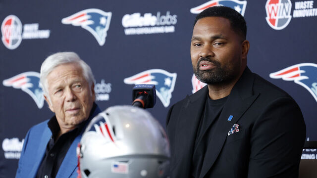 Foxborough, MA - January 17: New England Patriots head coach Jerod Mayo, right, speaks during his introductory press conference with owner Robert Kraft at Gillette Stadium.