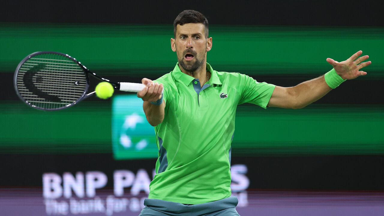 INDIAN WELLS, CALIFORNIA - MARCH 11: Novak Djokovic of Serbia plays a forehand against Luca Nardi of Italy in their third round match during the BNP Paribas Open at Indian Wells Tennis Garden on March 11, 2024 in Indian Wells, California.