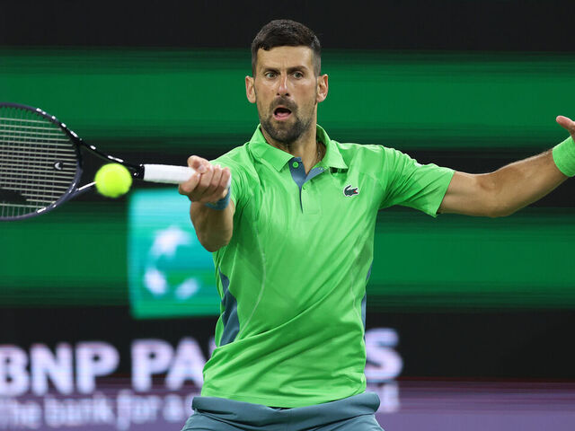 INDIAN WELLS, CALIFORNIA - MARCH 11: Novak Djokovic of Serbia plays a forehand against Luca Nardi of Italy in their third round match during the BNP Paribas Open at Indian Wells Tennis Garden on March 11, 2024 in Indian Wells, California.