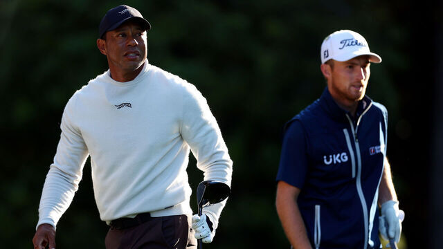 AUGUSTA, GEORGIA - APRIL 08: Tiger Woods of the United States and Will Zalatoris of the United States look on during a practice round prior to the 2024 Masters Tournament at Augusta National Golf Club on April 08, 2024 in Augusta, Georgia.