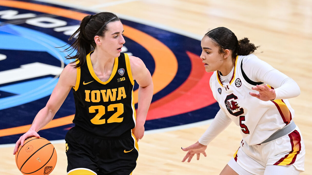 CLEVELAND, OH - APRIL 7: Caitlin Clark #22 of the Iowa Hawkeyes dribbles the ball during the second half at the 2024 NCAA Women's Basketball Tournament championship game between Iowa and South Carolina at Rocket Mortgage FieldHouse on April 7, 2024 in Cleveland, Ohio.