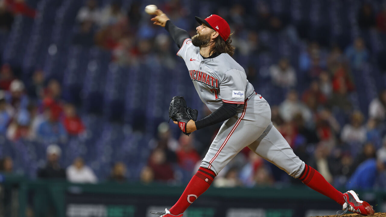 PHILADELPHIA, PENNSYLVANIA - APRIL 1: Tejay Antone #70 of the Cincinnati Reds in action against the Philadelphia Phillies during a game at Citizens Bank Park on April 1, 2024 in Philadelphia, Pennsylvania.