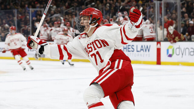 BOSTON, MA - FEBRUARY 05: Macklin Celebrini #71 of the Boston University Terriers celebrates his goal against the Boston College Eagles during the first period of the semifinals of the Beanpot Tournament at TD Garden on February 5, 2024 in Boston, Massachusetts.