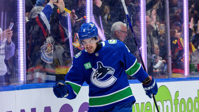 VANCOUVER, CANADA - APRIL 08: Conor Garland #8 of the Vancouver Canucks celebrates after scoring a goal against the Vegas Golden Knights during the first period of their NHL game at Rogers Arena on April 8, 2024 in Vancouver, British Columbia, Canada.