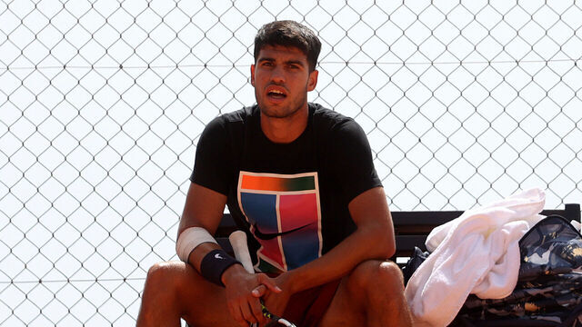 MONTE-CARLO, MONACO - APRIL 08: Carlos Alcaraz of Spain in a practice session during day two of the Rolex Monte-Carlo Masters at Monte-Carlo Country Club on April 08, 2024 in Monte-Carlo, Monaco.