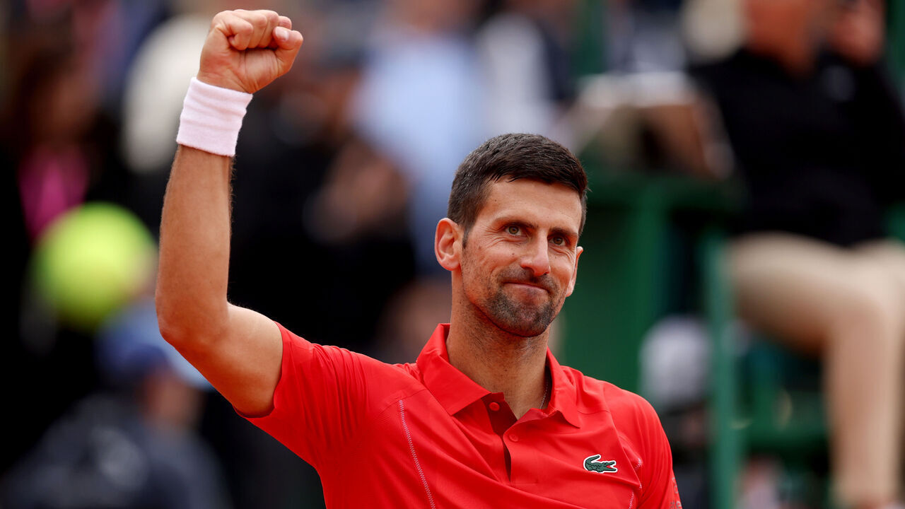 MONTE-CARLO, MONACO - APRIL 09: Novak Djokovic of Serbia celebrates winning match point against Roman Safiullin during the Men's Singles Second Round match on day three of the Rolex Monte-Carlo Masters at Monte-Carlo Country Club on April 09, 2024 in Monte-Carlo, Monaco.
