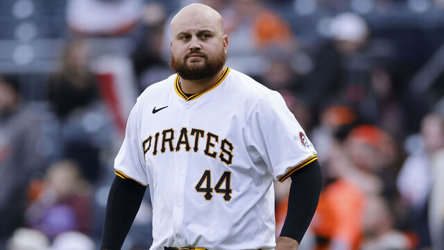 PITTSBURGH, PA - APRIL 06: Pittsburgh Pirates first baseman Rowdy Tellez (44) looks on during an MLB game against the Baltimore Orioles on April 06, 2024 at PNC Park in Pittsburgh, Pennsylvania.