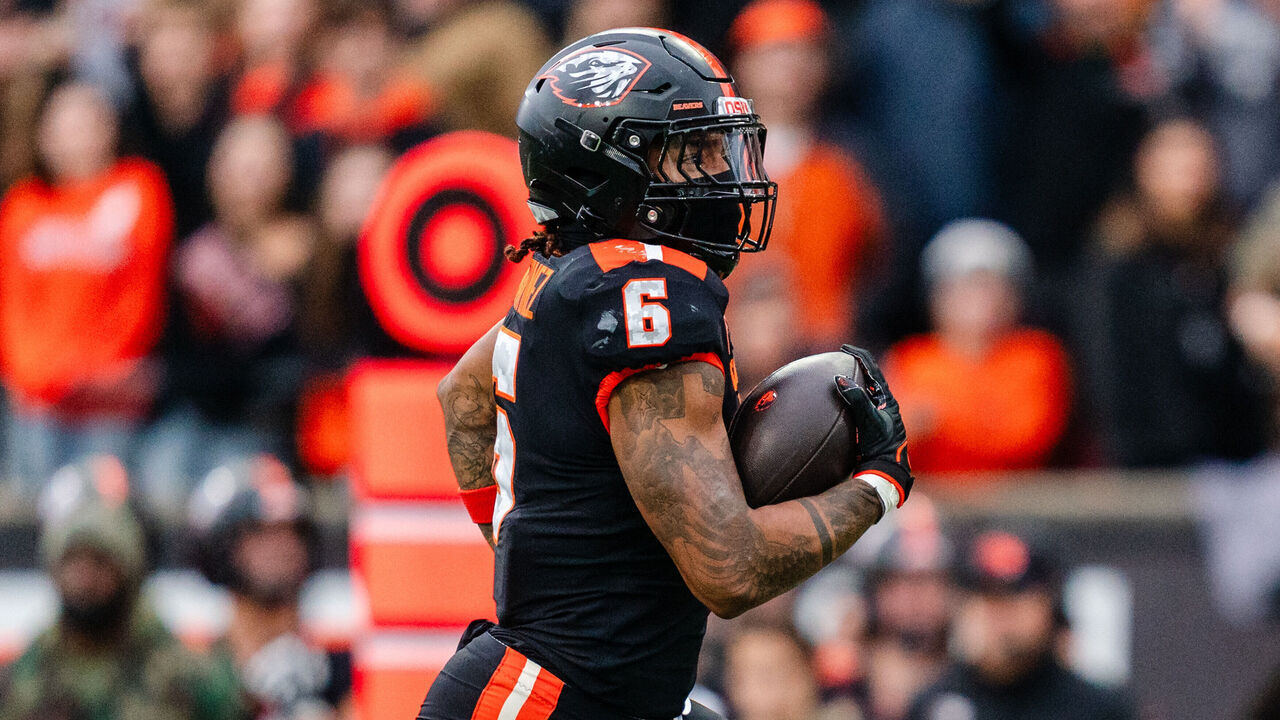 CORVALLIS, OREGON - NOVEMBER 11: Running back Damien Martinez #6 of the Oregon State Beavers rushes the ball into the end zone for a touchdown during the first half of the game against the Stanford Cardinals at Reser Stadium on November 11, 2023 in Corvallis, Oregon.