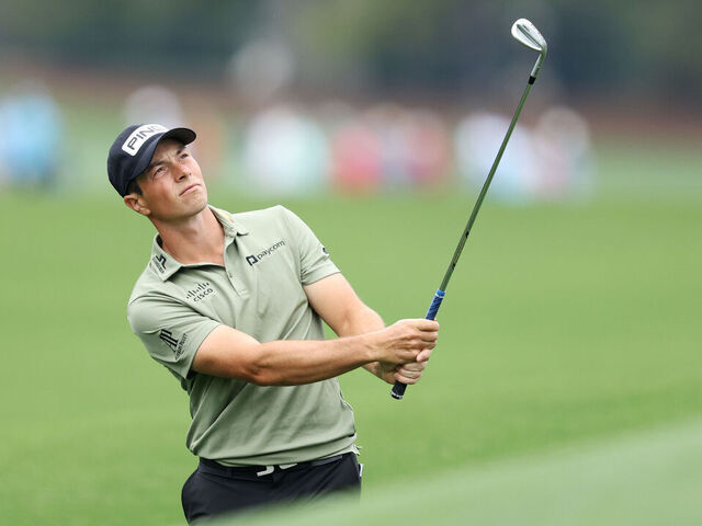 AUGUSTA, GEORGIA - APRIL 09: Viktor Hovland of Norway plays a shot to the eighth green during a practice round prior to the 2024 Masters Tournament at Augusta National Golf Club on April 09, 2024 in Augusta, Georgia.