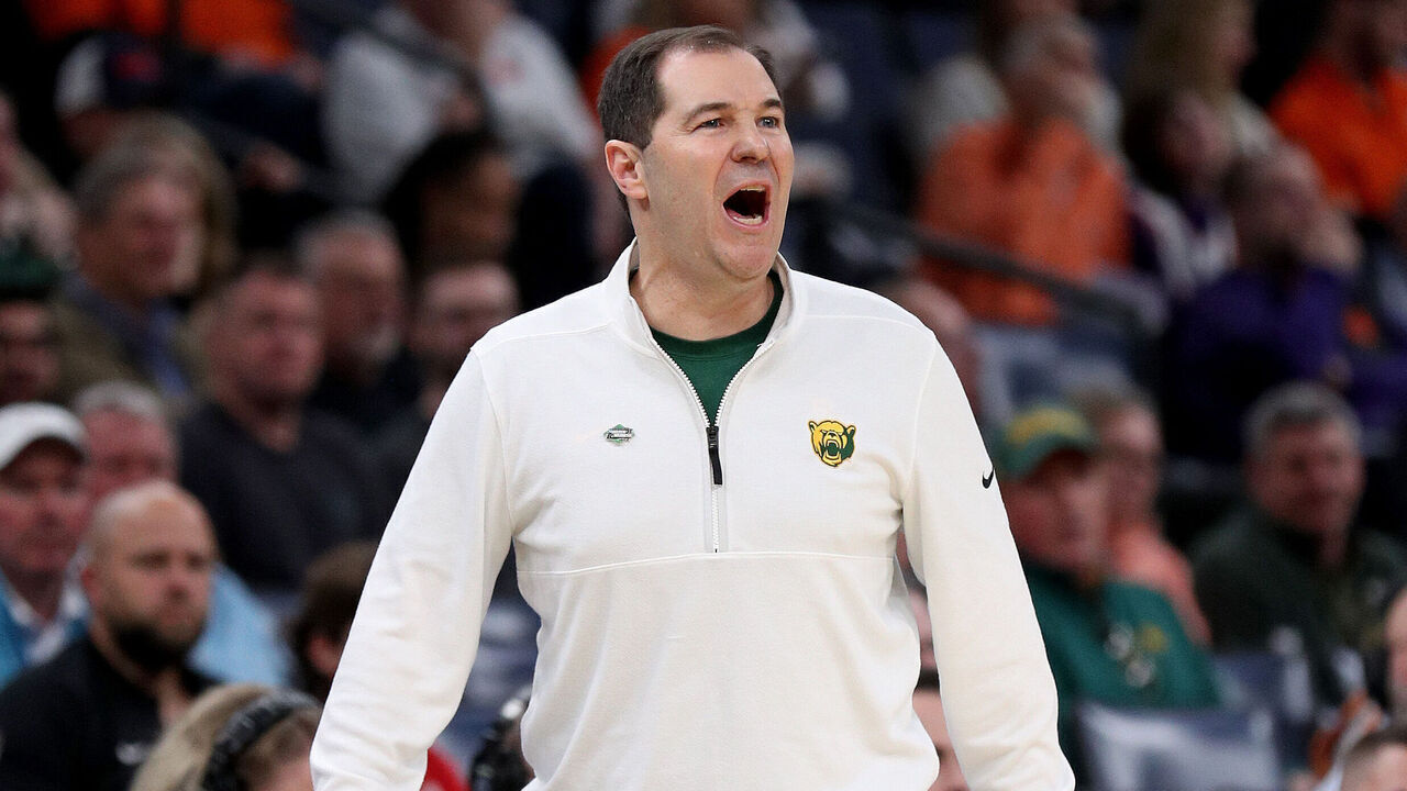 MEMPHIS, TENNESSEE - MARCH 22: Head coach Scott Drew of the Baylor Bears reacts to a play in the first round of the NCAA Men's Basketball Tournament against the Colgate Raiders at FedExForum on March 22, 2024 in Memphis, Tennessee.