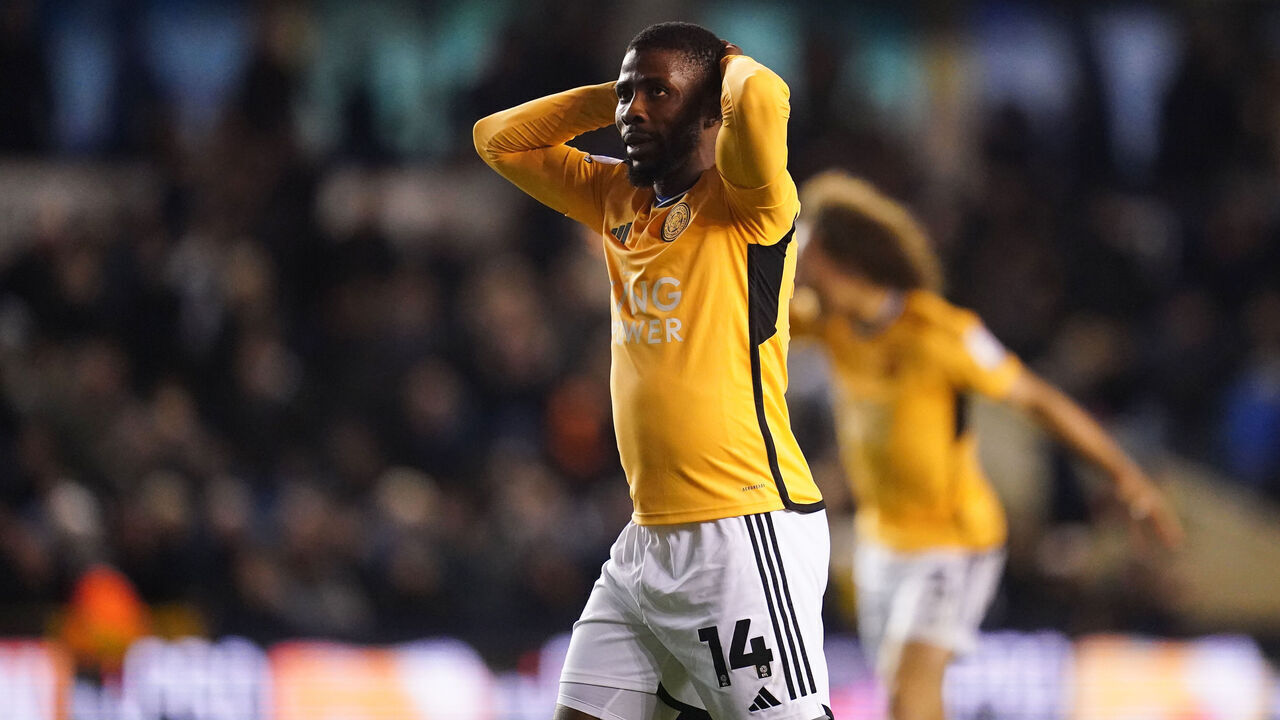 Leicester City's Kelechi Iheanacho reacts after a missed opportunity during the Sky Bet Championship match at The Den, London. Picture date: Tuesday April 9, 2024.