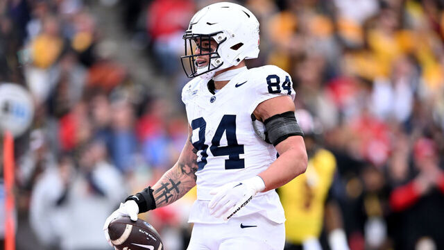 COLLEGE PARK, MARYLAND - NOVEMBER 04: Theo Johnson #84 of the Penn State Nittany Lions celebrates after scoring a touchdown against the Maryland Terrapins at SECU Stadium on November 04, 2023 in College Park, Maryland.