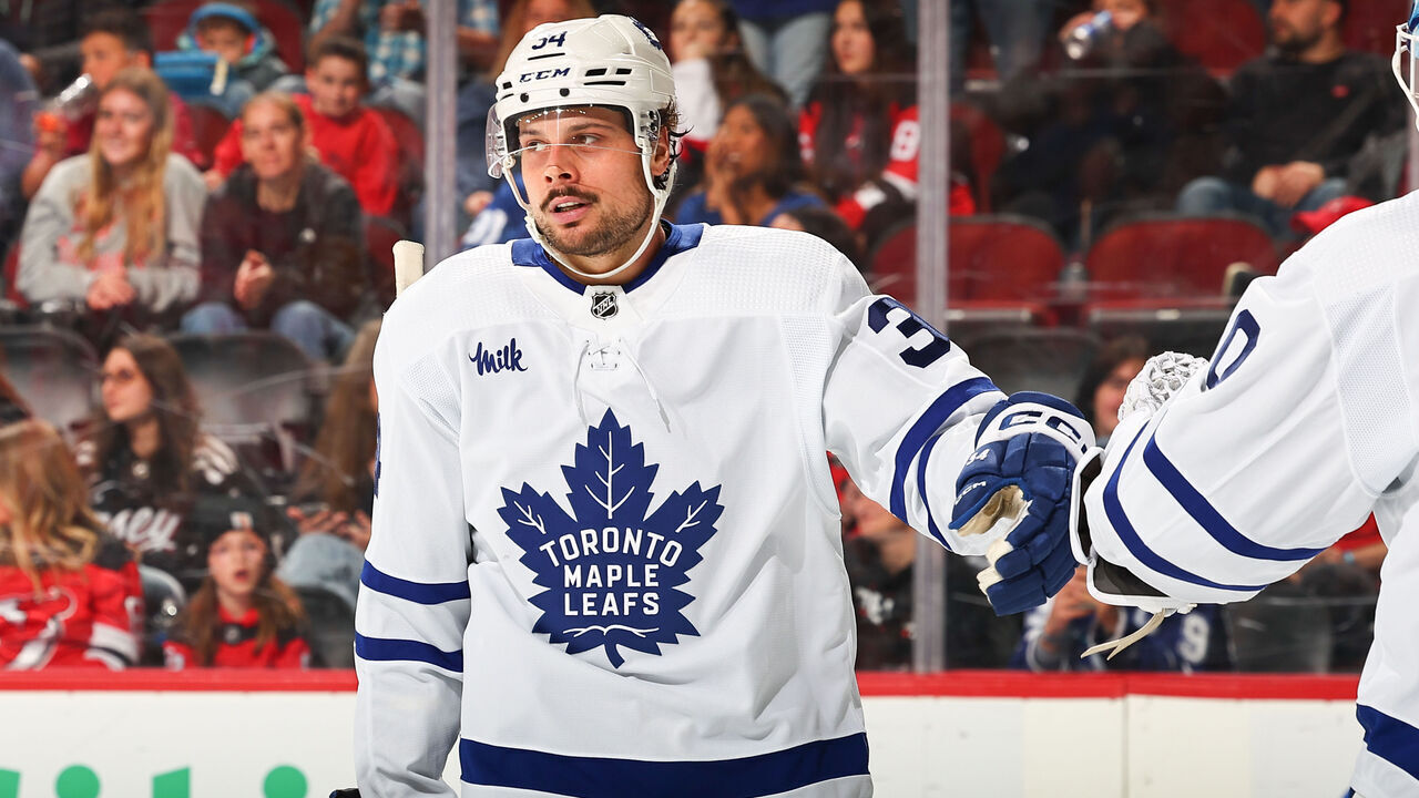 NEWARK, NJ - APRIL 09: Auston Matthews #34 of the Toronto Maple Leafs celebrates his goal in the third period of the game against the New Jersey Devils at the Prudential Center on April 9, 2024 in Newark, New Jersey.