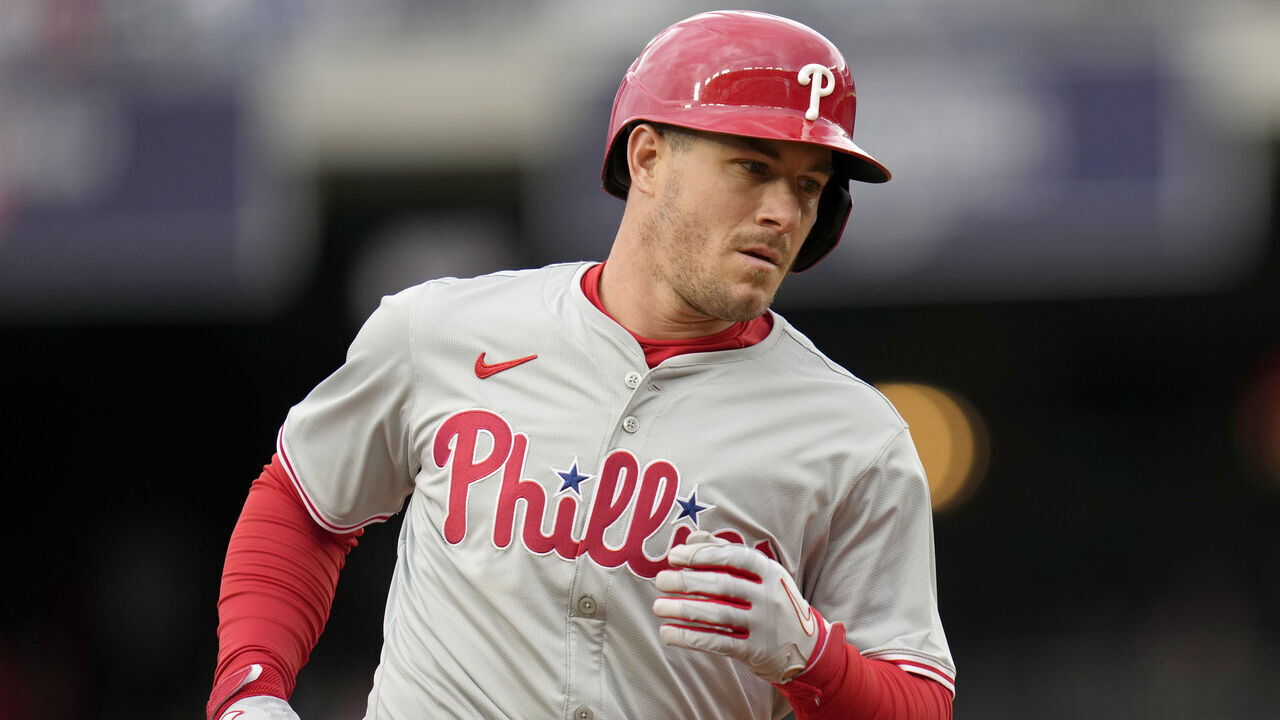 WASHINGTON, DC - APRIL 06: J.T. Realmuto #10 of the Philadelphia Phillies runs the bases after hitting a three run home run against the Washington Nationals during the third inning at Nationals Park on April 06, 2024 in Washington, DC.
