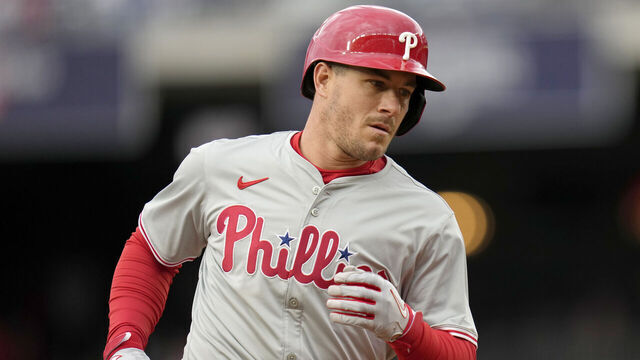 WASHINGTON, DC - APRIL 06: J.T. Realmuto #10 of the Philadelphia Phillies runs the bases after hitting a three run home run against the Washington Nationals during the third inning at Nationals Park on April 06, 2024 in Washington, DC.