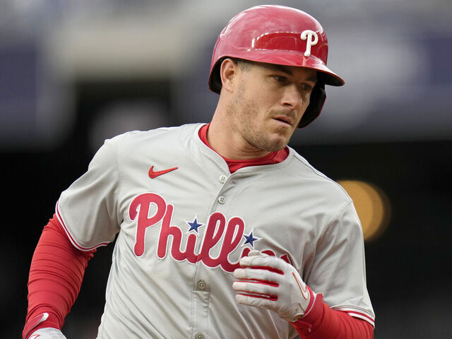 WASHINGTON, DC - APRIL 06: J.T. Realmuto #10 of the Philadelphia Phillies runs the bases after hitting a three run home run against the Washington Nationals during the third inning at Nationals Park on April 06, 2024 in Washington, DC.