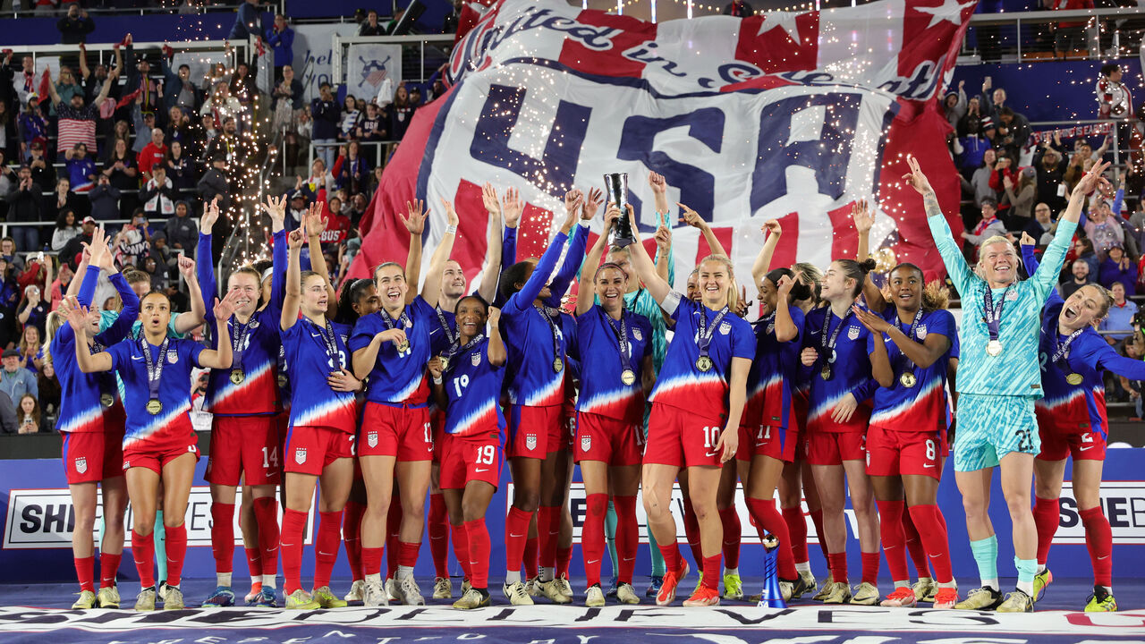 COLUMBUS, OHIO - APRIL 09: The United States celebrates winning the SheBelieves Cup against Canada in the 2024 SheBelieves Cup final match at Lower.com Field on April 09, 2024 in Columbus, Ohio.