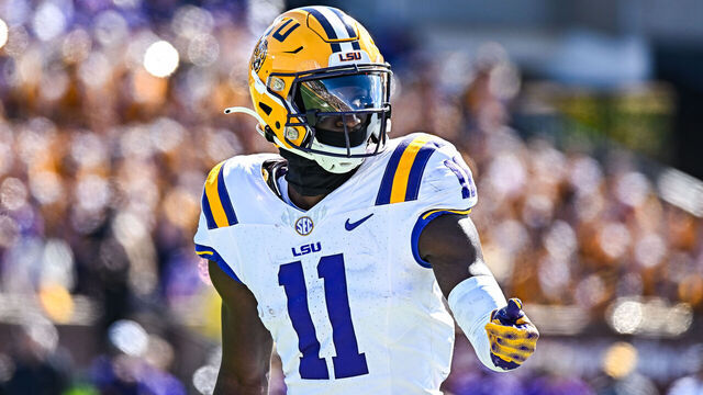 COLUMBIA, MO - OCTOBER 07: LSU Tigers wide receiver Brian Thomas Jr. (11) checks with the official to make sure he is lined up right during a SEC conference game between the Louisiana State Tigers and the Missouri Tigers held on Saturday Oct 07, 2023 at Faurot Field at Memorial Stadium in Columbia MO. (Photo by Rick Ulreich/Icon Sportswire via Getty Images