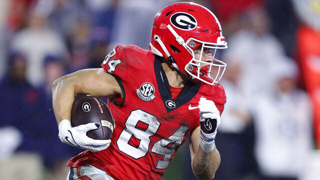ATHENS, GEORGIA - NOVEMBER 11: Ladd McConkey #84 of the Georgia Bulldogs turns upfield during the second half against the Mississippi Rebels at Sanford Stadium on November 11, 2023 in Athens, Georgia.