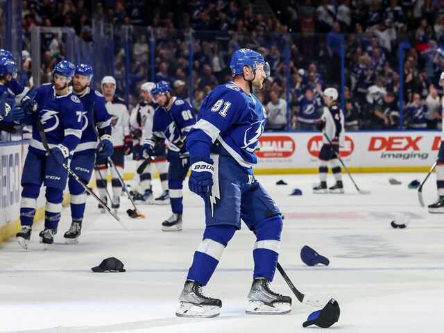 TAMPA, FL - APRIL 9: Steven Stamkos #91 of the Tampa Bay Lightning celebrates his hat trick against the Columbus Blue Jackets during the third period at the Amalie Arena on April 9, 2024 in Tampa, Florida.