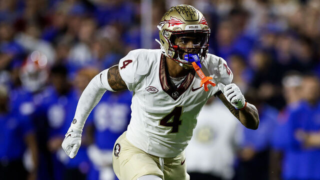 GAINESVILLE, FLORIDA - NOVEMBER 25: Keon Coleman #4 of the Florida State Seminoles runs during the second half of a game against the Florida Gators at Ben Hill Griffin Stadium on November 25, 2023 in Gainesville, Florida.