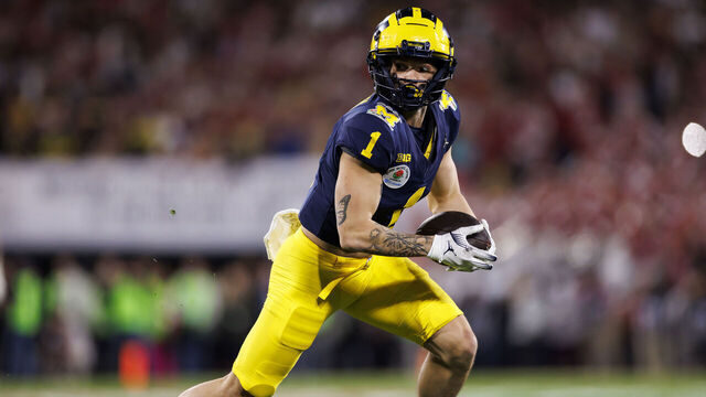 PASADENA, CALIFORNIA - JANUARY 01: Wide receiver Roman Wilson #1 of the Michigan Wolverines runs the ball after a catch during the CFP Semifinal Rose Bowl Game against the Alabama Crimson Tide at Rose Bowl Stadium on January 1, 2024 in Pasadena, California.