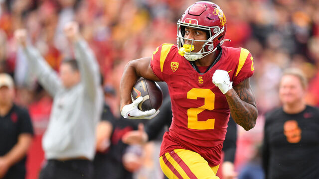 LOS ANGELES, CA - NOVEMBER 18: USC Trojans wide receiver Brenden Rice (2) breaks free for a touchdown during a college football game between the UCLA Bruins and the USC Trojans on November 18, 2023, at Los Angeles Memorial Coliseum in Los Angeles, CA.