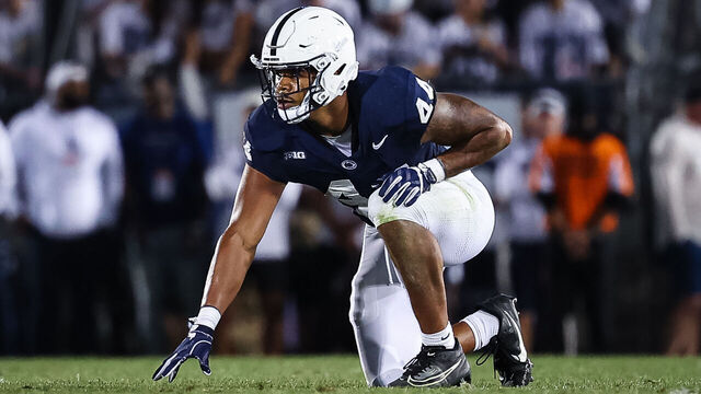 STATE COLLEGE, PA - SEPTEMBER 02: Chop Robinson #44 of the Penn State Nittany Lions lines up against the West Virginia Mountaineers during the second half of the game at Beaver Stadium on September 2, 2023 in State College, Pennsylvania.