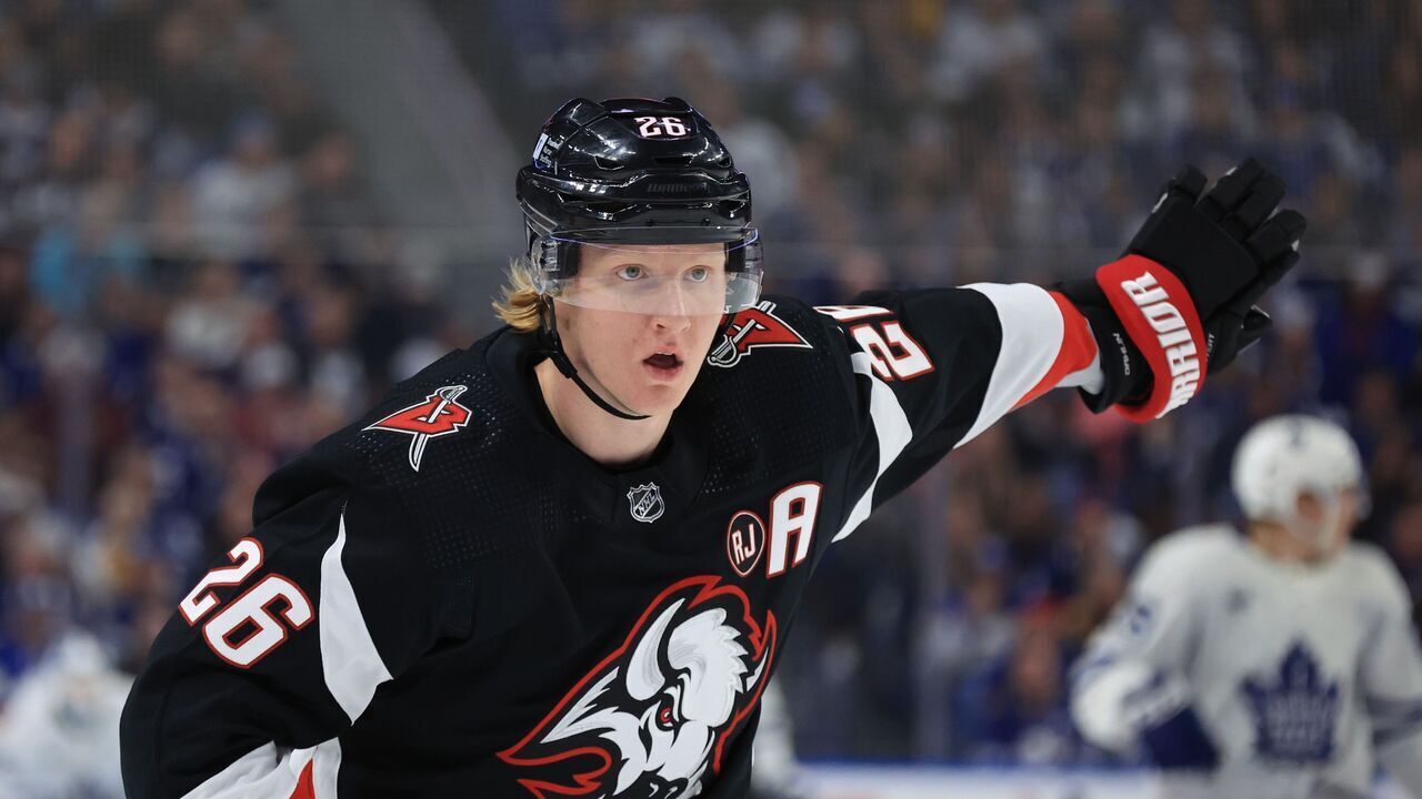 BUFFALO, NEW YORK - MARCH 30: Rasmus Dahlin #26 of the Buffalo Sabres motions to teammates during an NHL game against the Toronto Maple Leafs on March 30, 2024 at KeyBank Center in Buffalo, New York.