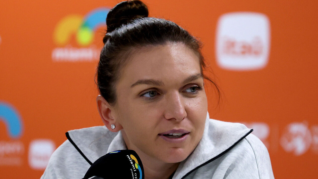 MIAMI GARDENS, FLORIDA - MARCH 19: Simona Halep of Romania speaks to the media after a 6-1, 4-6, 3-6 loss to Paula Bados at the Miami Open at Hard Rock Stadium on March 19, 2024 in Miami Gardens, Florida. The former world number one player was competing in her first tournament in 18 months after serving out a doping ban.
