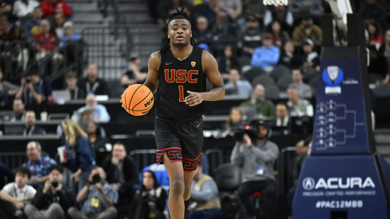 LAS VEGAS, NEVADA - MARCH 14: Isaiah Collier #1 of the USC Trojans handles the ball in the second half of a quarterfinal game against the Arizona Wildcats during the Pac-12 Conference basketball tournament at T-Mobile Arena on March 14, 2024 in Las Vegas, Nevada. The Wildcats defeated the Trojans 70-49.