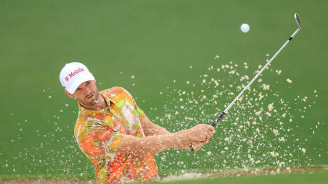 AUGUSTA, GEORGIA - APRIL 09: Wyndham Clark of The United States plays a bunker shot during a practice round prior to the 2024 Masters Tournament at Augusta National Golf Club on April 09, 2024 in Augusta, Georgia.