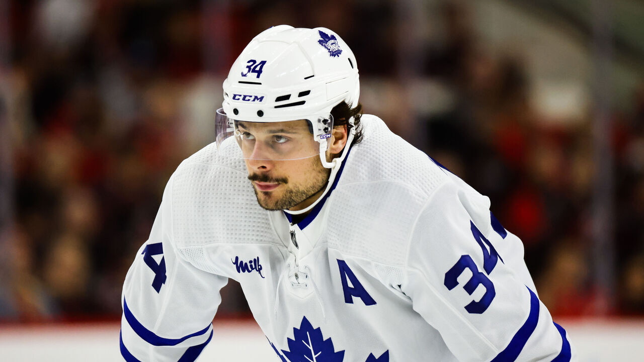 RALEIGH, NC - MARCH 24: Auston Matthews #34 of the Toronto Maple Leafs looks on during the third period of the game against the Carolina Hurricanes at PNC Arena on March 24, 2024 in Raleigh, North Carolina. Hurricanes defeat Leafs 2-1.