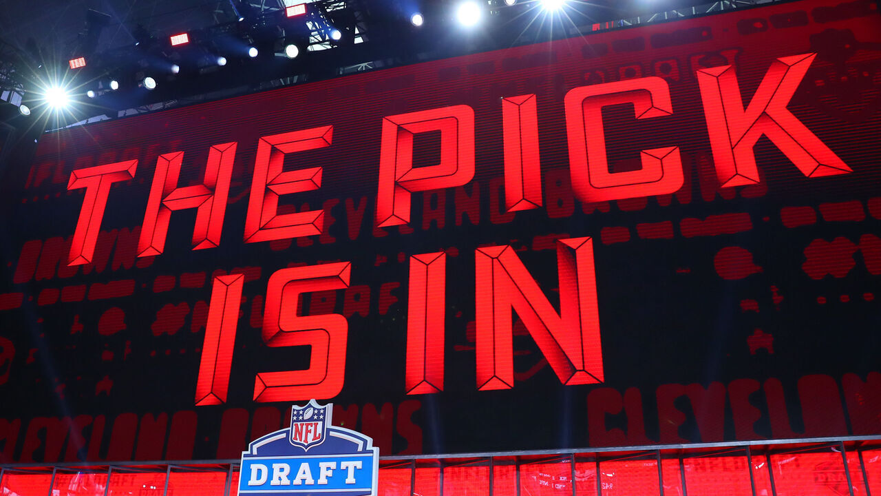 ARLINGTON, TX - APRIL 26: The Pick is In logo on the video board during the first round at the 2018 NFL Draft at AT&T Stadium on April 26, 2018 at AT&T Stadium in Arlington Texas.