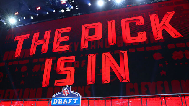 ARLINGTON, TX - APRIL 26: The Pick is In logo on the video board during the first round at the 2018 NFL Draft at AT&T Stadium on April 26, 2018 at AT&T Stadium in Arlington Texas.