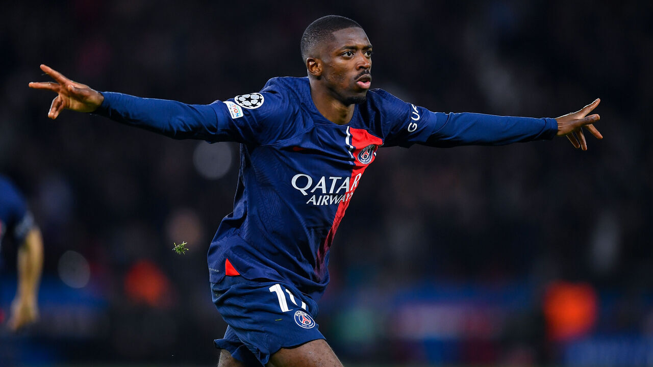 PARIS, FRANCE - APRIL 10: Ousmane Dembele of PSG celebrates after scoring his team's first goal during the UEFA Champions League quarter-final first leg match between Paris Saint-Germain and FC Barcelona at Parc des Princes on April 10, 2024 in Paris, France.