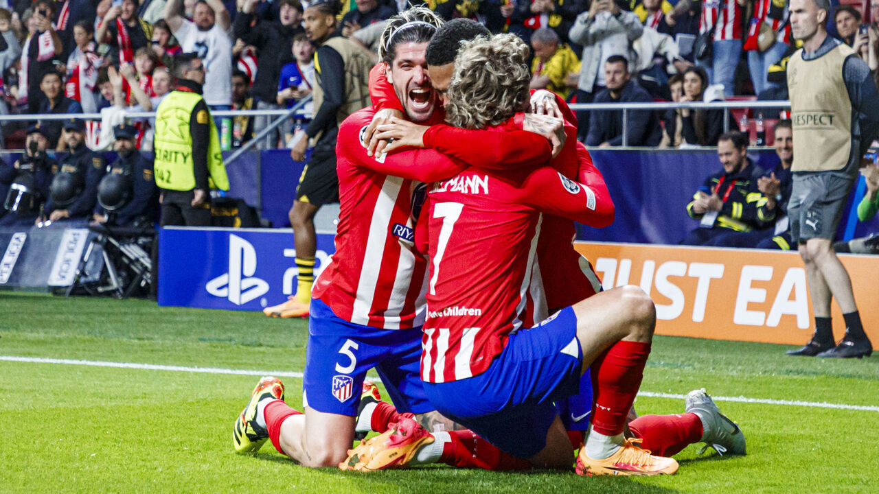 Samuel Lino of Atletico de Madrid is celebrating his goal during the Champions League match between Atletico de Madrid and B. Dortmund at Civitas Metropolitano Stadium in Madrid, Spain, on April 10, 2024.