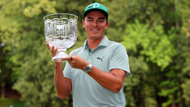 AUGUSTA, GEORGIA - APRIL 10: Rickie Fowler of the United States celebrates after winning the Par Three Contest prior to the 2024 Masters Tournament at Augusta National Golf Club on April 10, 2024 in Augusta, Georgia.