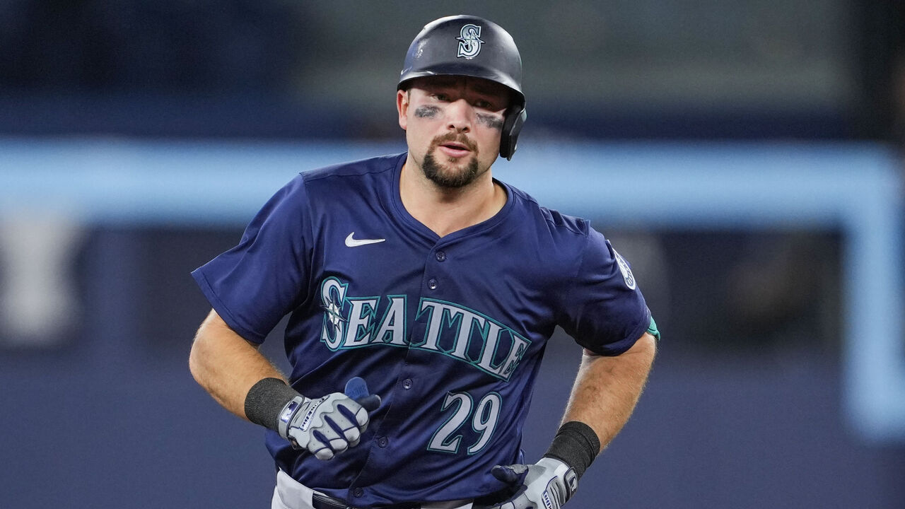 TORONTO, ON - APRIL 10: Cal Raleigh #29 of the Seattle Mariners runs the bases on his two run home run against the Toronto Blue Jays during the tenth inning in their MLB game at the Rogers Centre on April 10, 2024 in Toronto, Ontario, Canada.