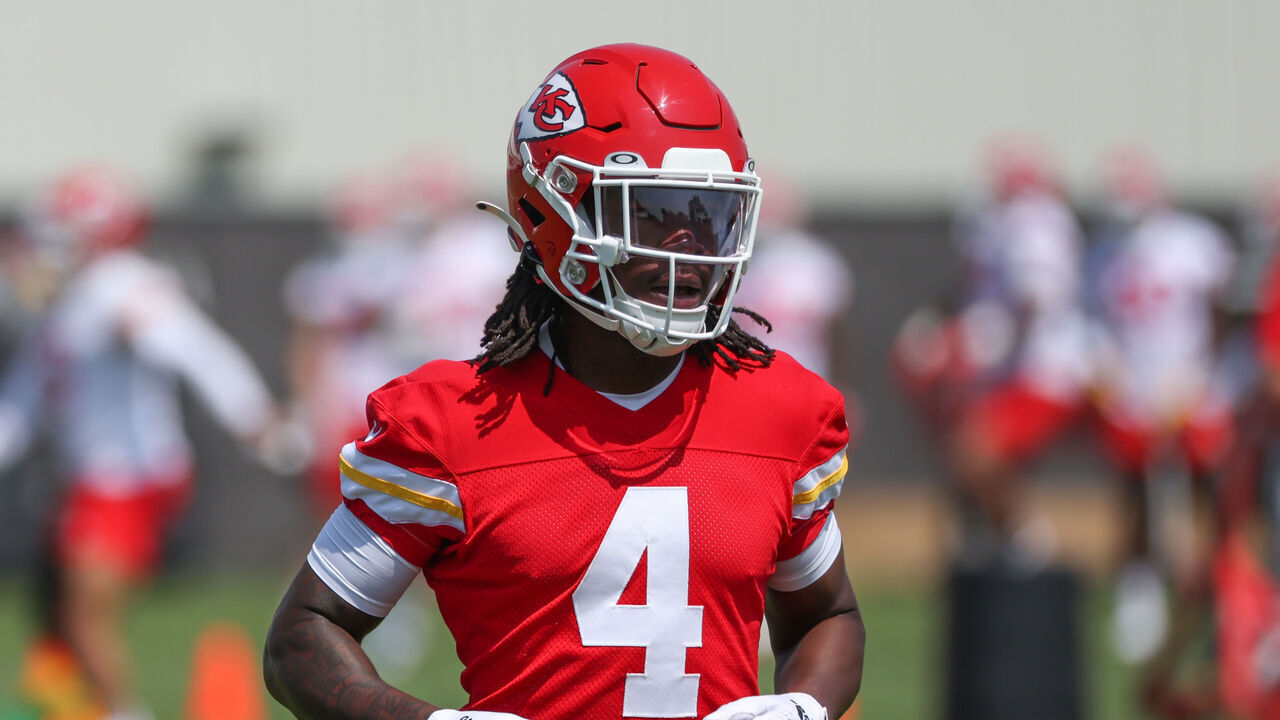 KANSAS CITY, MO - MAY 24: Kansas City Chiefs wide receiver Rashee Rice (4) during OTA's on May 24, 2023 at the Chief's Training Facility in Kansas City, MO.