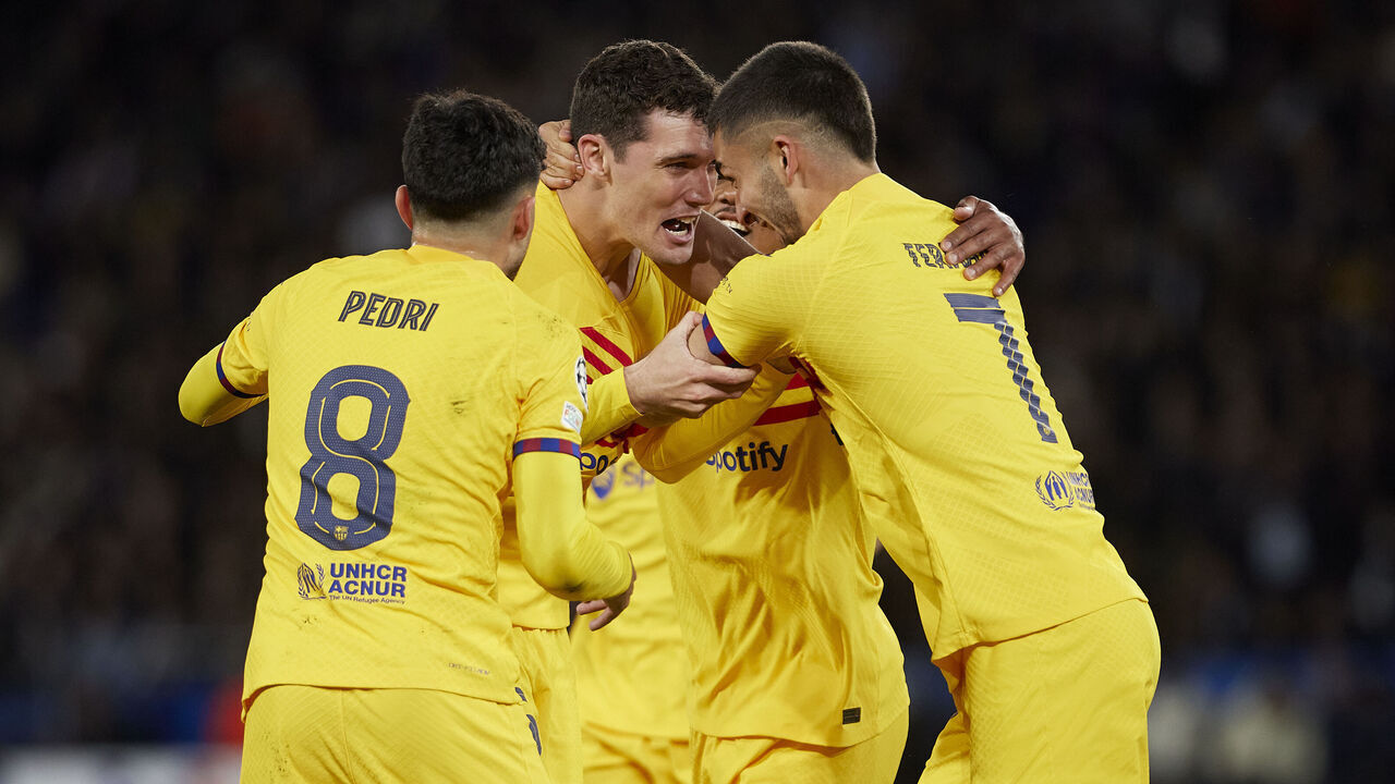 PARIS, FRANCE - APRIL 10: Andreas Christensen of FC Barcelona celebrates after scoring their side's third goal with his teammates during the UEFA Champions League quarter-final first leg match between Paris Saint-Germain and FC Barcelona at Parc des Princes on April 10, 2024 in Paris, France.